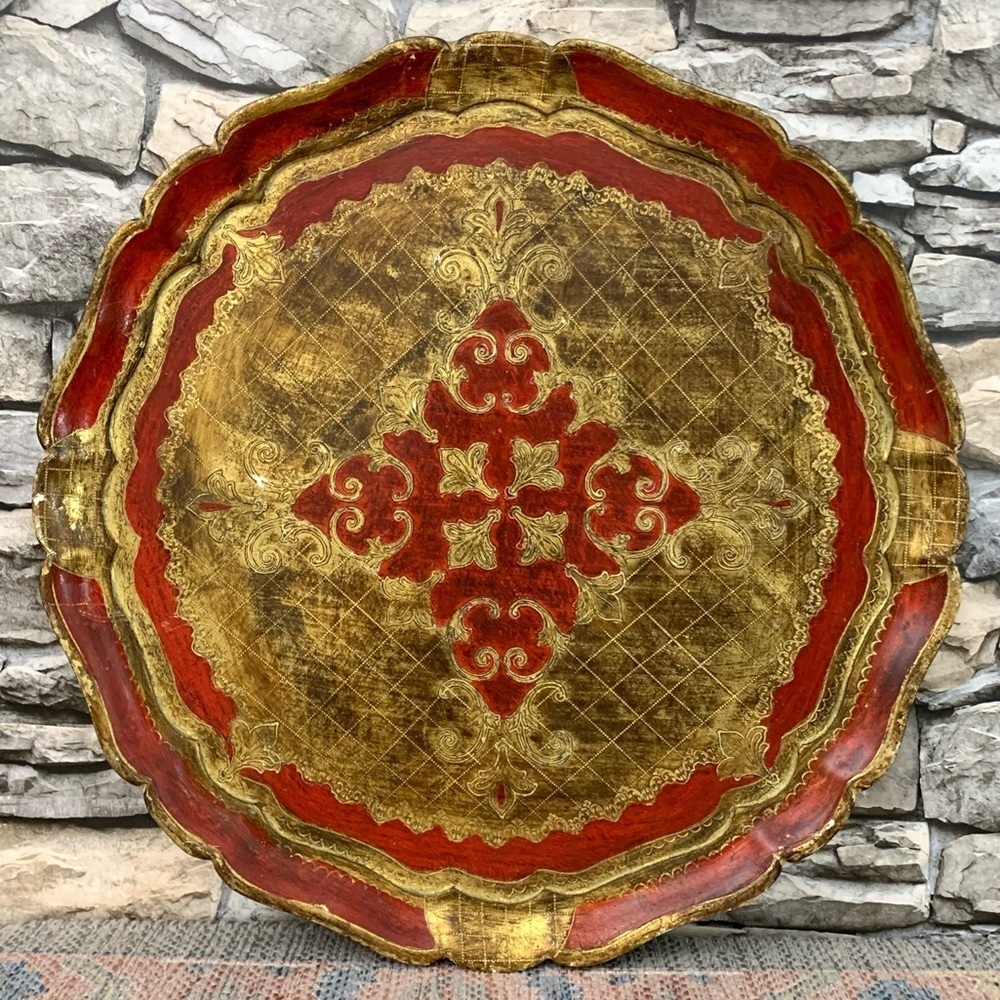 #02 Huge Vintage Italian Florentine Red Gilt Wood Florentia Italy Serving Tray